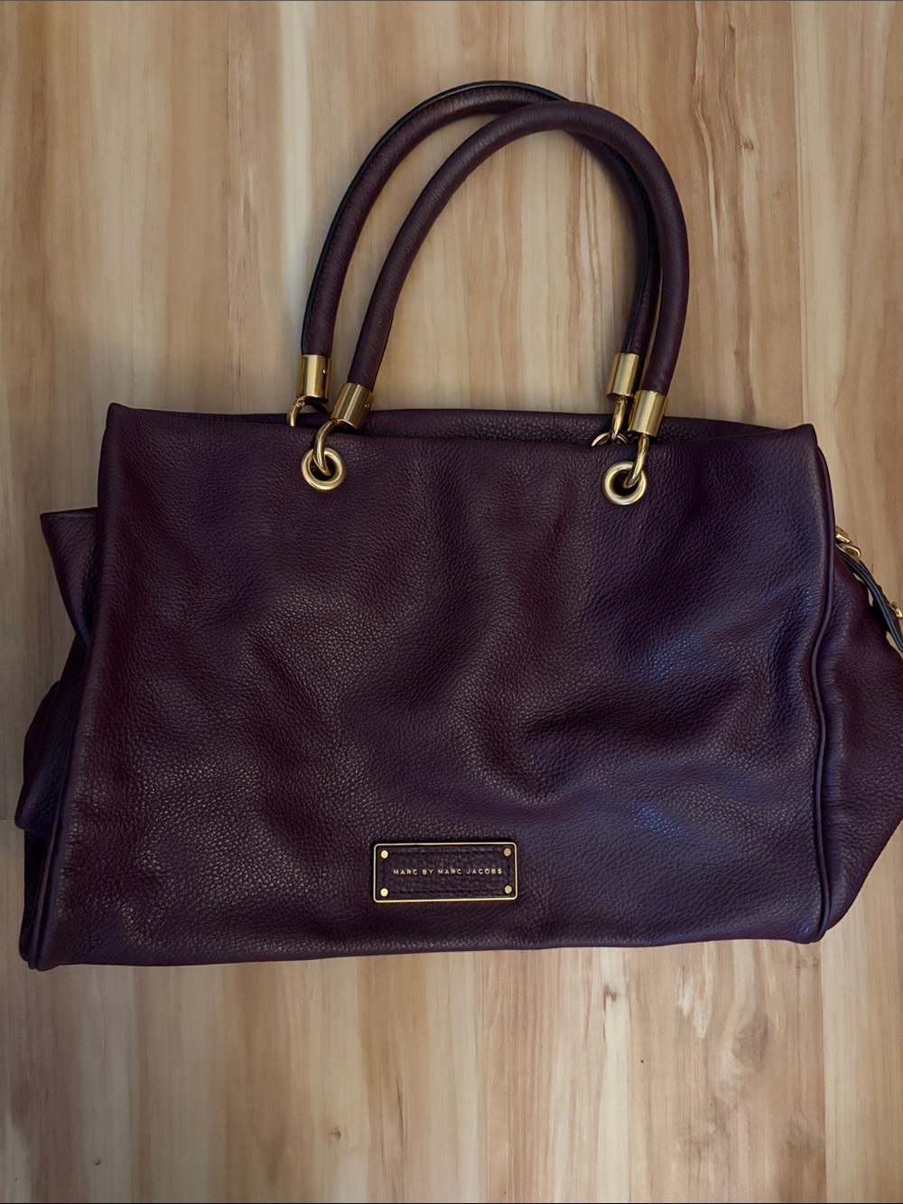 Marc Jacobs Pebbled Leather Satchel in Deep Wine with Gold Hardware